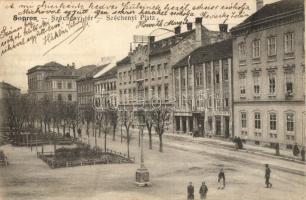 Sopron, Széchenyi tér, Fleischer József üzlete, Soproni Takarékpénztár. Piri Dániel kiadása (EK)