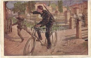 Aus dem goldenen Buche der Armee Serie V. Rotes Kreuz Postkarte Nr. 576. / K.u.K. military art postcard with soldier on bicycle s: Fr. Jung (r)