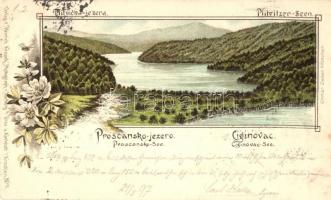 1897 (Vorläufer!) Plitvicka Jezera, Ciginovac, Proscansko jezero / Plitvicei tavak / Plitvice Lakes. Heinrich Krapek No. 11. floral, litho