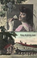 Kál-Kápolna, vasútállomás, bort ivó hölgy, szőlős Art Nouveau keret (fl)