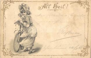 All Heil! / lady with bicycle. Postkarte No. 554. Art Nouveau, litho (apró szakadás / small tear)