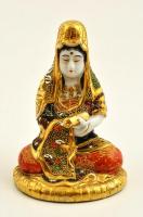 Japán ülő nő porcelán figura, kézzel festett, aranyozott, jelzett, kopásokkal, m: 17 cm
