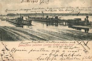 Gombos, Bogojeva; Gőzkomp Gombos és Erdőd között a szabad Dunán. Eugen Selzer kiadása / steam ferry with freight train