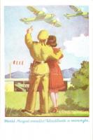 5 db RÉGI magyar humoros katonai repülős lap pilótákkal és szerelmeikkel, grafikai üdvözlőlapok / 5 ...