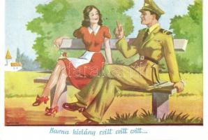 5 db RÉGI magyar humoros katonai repülős lap pilótákkal és szerelmeikkel, grafikai üdvözlőlapok / 5 ...