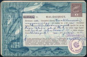 1945 Bp., Budapesti lakos számára kiállított halászjegy 5 pengős okmánybélyeggel / fishing ticket