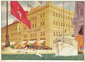 Trieste, Hotel Vanoli Ristorante Bonavia, Piazza dellUnita / hotel and restaurant advertisement postcard, automobiles, ship s: Valenti (EK)