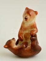 Birkózó medvék, kerámia figurapár, kézzel festett, jelzett, hibátlan, m: 11,5 cm