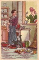 6 db régi magyar humoros motívumlap, házaspár humor. Rekord kiadás / 6 pre-1945 Hungarian humorous m...