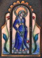 Czóbel Marianna (1950-): Szárnyasoltár. Rekeszzománc, rézlap, jelzett, bőr keretben, 15×11 cm