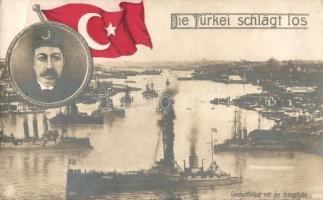 Die Türkei schlägt los. Bosporusausfahrt, Constantinopel mit der Kriegsflotte / Török hadiflotta Konstantinápolyban, Yavuz csatacirkáló / WWI The Ottoman Navy at the Golden Horn in Constantinople, Yavuz (ex-SMS Goeben) battlecruiser, Mehmed V Ottoman Sultan, Turkish flag + SMS Monarch (EB)