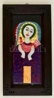 Petrilla István (1935-2000): Lány galambbal. Tűzzománc, fám lemez, jelzett, keretben, 22×10 cm