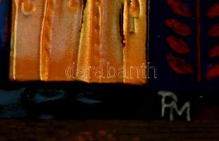 Petrilla István (1935-2000): Lány galambbal. Tűzzománc, fám lemez, jelzett, keretben,  22×10 cm