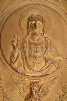 Jelzett réz szenteltvíztartó, eredeti üveg betéttel, 15×7,5 cm