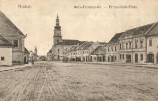 Modor, Modra; Deák Ferenc tér, üzletek, templom, Posta szálló. Levius P. S. kiadása / square with church and shops, Post Hotel (EK)