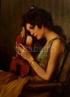 Komáromi Kacz Endre (1880-1969): Lány hegedűvel. Olaj, vászon, jelzett, 85×70 cm