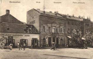 Karánsebes, Caransebes; Fő tér, Gyógytár gyógyszertár, Halász Nándor és Pataky Árpád üzlete. Kiadja Halász Nándor / Hauptplatz / Piatia principala / main square with shops, pharmacy (EK)