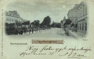 Nagyszeben, Hermannstadt, Sibiu; Schewis utca, Fischer, este / Schewisgasse / street view at night (fa)