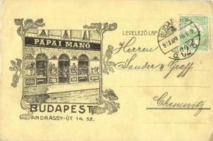 Budapest VI. Pápai Manó üzlete és levele, Art Nouveau. Andrássy út 14. (EK)