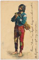 Cigány muzsikus. 6 darabos litho művész képeslap sorozat. W.K. C. Bp. / Gypsy musician. 6 litho art postcards from a postcard series. W.K. C. Bp.
