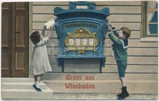 Wiesbaden, Gruss aus... Postbriefkasten / greeting card with mail box. leporellocard