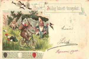 Boldog Húsvéti Ünnepeket! Törpék kerékpározó nyúllal / Easter greeting art postcard. Dwarves with cycling rabbit. litho