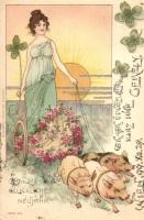 1899 Glückliches Neujahr! / Art Nouveau lady on pig cart. Kunstverlag Emil Dotzert Serie 324. litho