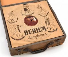 Régi tölcsér nélküli kivitelű gramofon, Működő, jó állapotban, hozzá 27 db gramofonlemez, kissé megv...