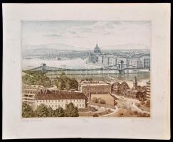 Jurida Károly (1935-2009): Látkép Budáról, színezett rézkarc, papír, jelzett, számozott (60/100), 30...