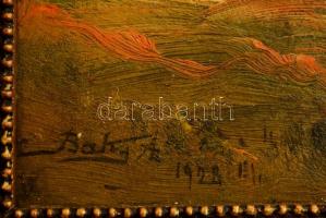 Baky Albert (1868-1944):  Fák a naplementében, olaj, fa, keretben, 27,5×36,5 cm