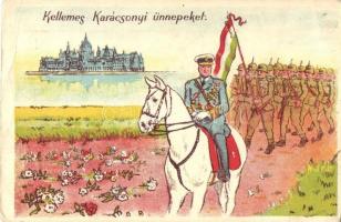Kellemes Karácsonyi ünnepeket! Horthy Miklós fehér lovon katonákkal / Hungarian irredenta Christmas greeting art postcard. Horthy (EK)