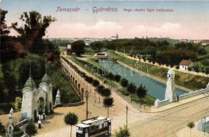 Temesvár, Timisoara; Gyárváros. Béga részlet és liget bejárata, villamos / river, entry of the park, tram