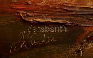 Tóth Rozália (1946-2015): Őszi tanya, olaj-gipsz, farost, jelzett, keretben, 17,5×38,5 cm