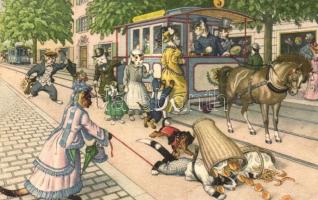 Cats on horse-drawn tram. Edition Max Künzli No. 4741. - modern postcard (gluemark)