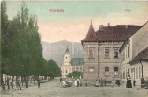 Rózsahegy, Ruzomberok; Fő tér, templom, oldalkocsis motorkerékpár. Kiadja Kozsehuba Dániel / main square, church, sidecar motorcycle (Rb)