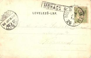 Mohács, Fő utca, Bader Lipót áruháza, Freund és Társa,  Herrnhut F., Witt József és Fuchs és Klein ü...