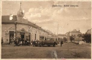 Jászberény, Kőhíd környéke, Farkas A. J. kereskedése, Jászberény-Nagykáta helyközi autóbusz. Novotha Andor kiadása 1927.