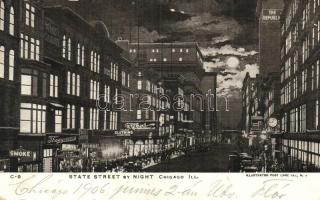 Chicago, State street by night, shops, automobiles (EB)
