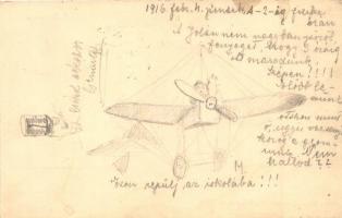 1916 Kézzel rajzolt képeslap, osztrák-magyar katona és repülőgép / WWI Hand-drawn postcard with K.u.K. soldier and airplane (EK)