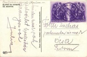 Csallóközaranyos, Zlatná na Ostrove; utcakép automobilokkal. Drach Gábor kiadása / Strassenbild mit ...