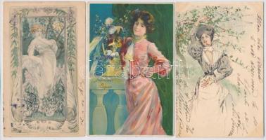3 db régi művészlap hölgyekkel, közte 1 litho / 3 pre-1945 Art Nouveau art postcards with ladies, among them 1 litho