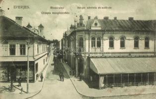 1911 Eperjes, Presov; Rózsa utca, Olimpia mozgószínház (mozi), Berger szálloda és kávéház, Molnár Jenő üzlete. Divald Károly fia  / street, cinema, hotel, cafe, shop (fa)