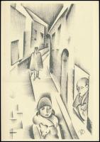 Molnár C. Pál (1894-1981): Az utcán, ofszet, papír, jelzés nélkül, 30×21 cm