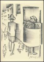 Molnár C. Pál (1894-1981): Kutyasétáltatás, ofszet, papír, jelzés nélkül, 30×21 cm