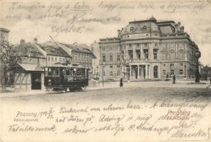 Pozsony, Pressburg, Bratislava; Városi színház, 10-es villamos a megállóban Stollwerck reklámmal. Bediene dich allein / theatre, tram with chocolate advertisement (EK)