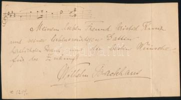 1919 Wilhelm Backhaus (1884-1969) zeneszerző és zongoraművész saját kézzel írt sorai és kottarészlete füzetlapon. / Autograph dedication, signature and musical notes on a sheet of paper. 22x17 cm