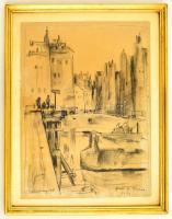 Udvary Pál (1900-1987): Párizs, szén, papír, jelzett, üvegezett fa keretben, 33×25,5 cm