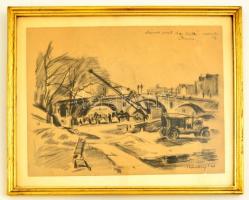Udvary Pál (1900-1987): Szajna-part, Párizs, szén, papír, jelzett, üvegezett fa keretben, 25×32,5 cm