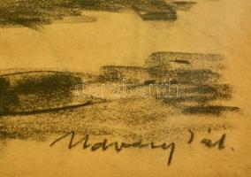 Udvary Pál (1900-1987): Szajna-part, Párizs, szén, papír, jelzett, üvegezett fa keretben, 25×32,5 cm