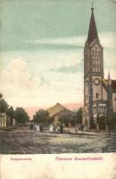 Buziásfürdő, Buzias; Templom utca, templom. Nosek Gusztáv kiadása / street view, church (EB)